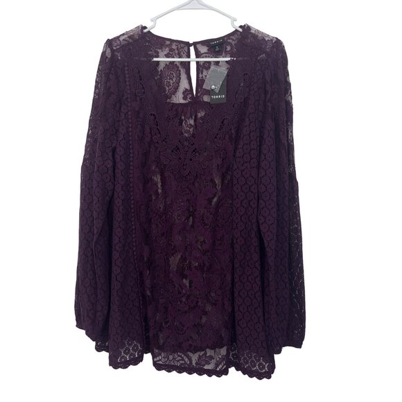 Torrid Womens Sze 2X Lace Mix Long Sleeve Top Blouse Burgandy Sheer V Neck- NEW - Picture 3 of 14